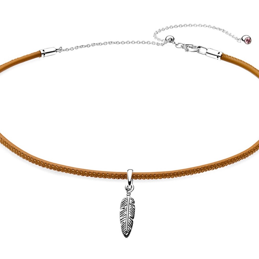 Pandora Silver and Golden Tan Leather Choker with Feather Charm